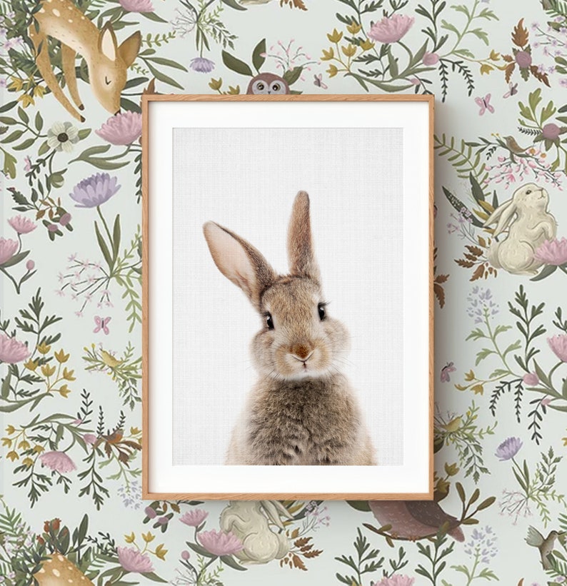 Bunny Rabbit Wall Art Print Woodland Animal Nursery Decor Printable Digital Download Grey Background image 1