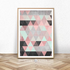 Geometric Print, Scandinavian Wall Art, Printable Poster, Pink Grey Black Mint, Digital Download, Abstract Decor,  Large Wall Art