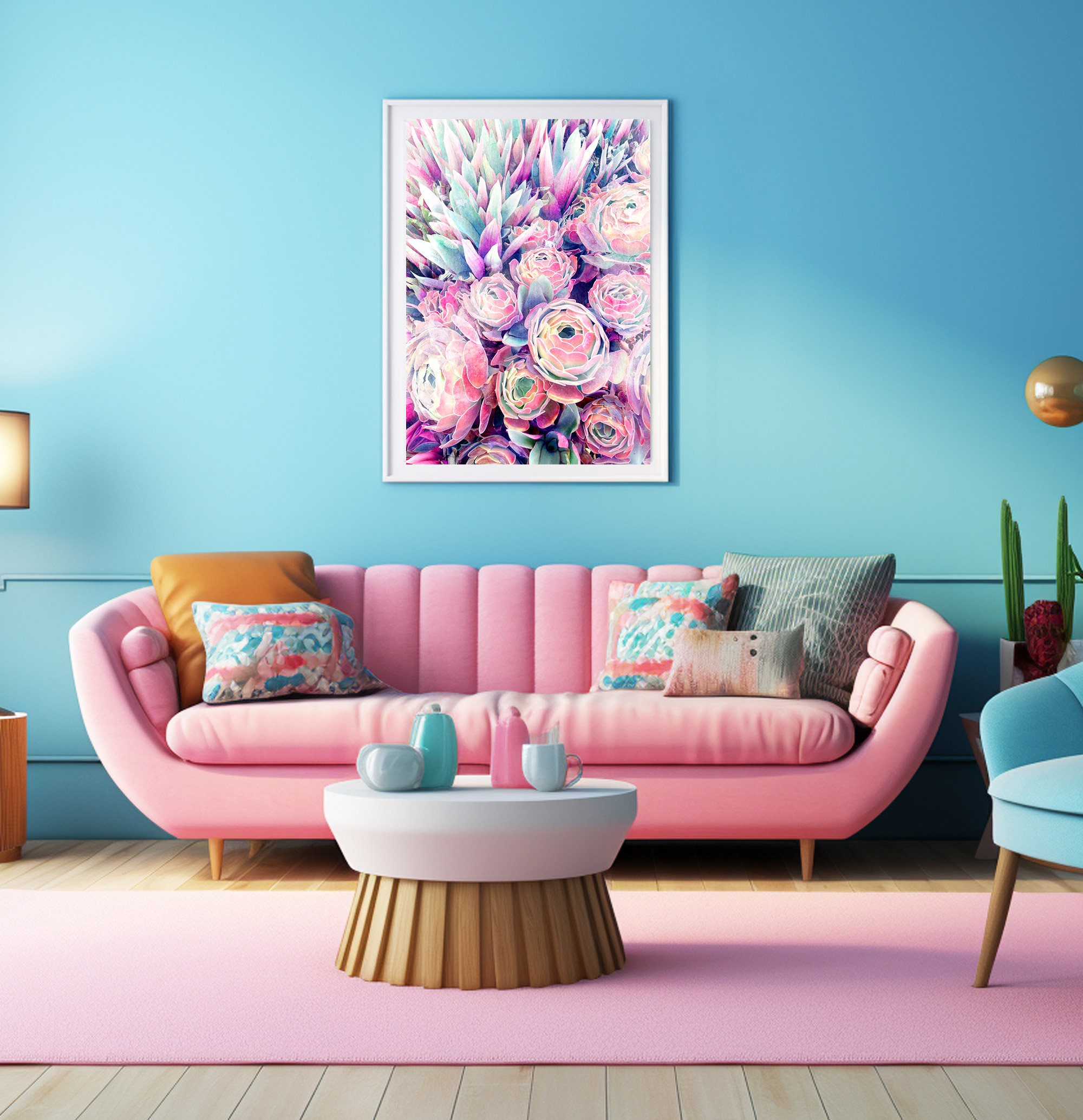Succulent Colorful Wall Art Print, Maximalist Wall Art Decor, Hot Pink ...