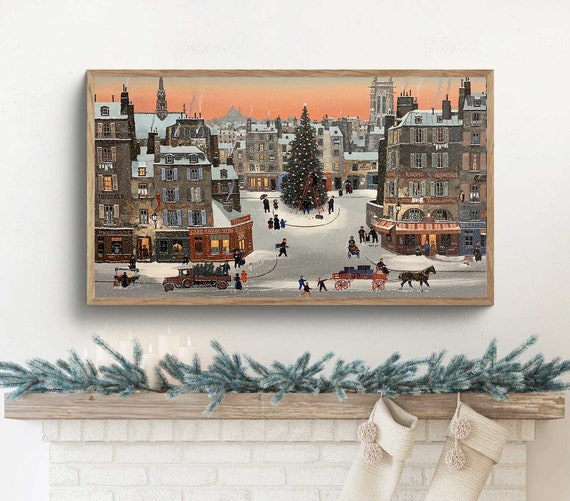 Samsung Frame TV Art Christmas Scene ~ Vintage Village Town Painting in Snowy Winter ~ People and Buildings