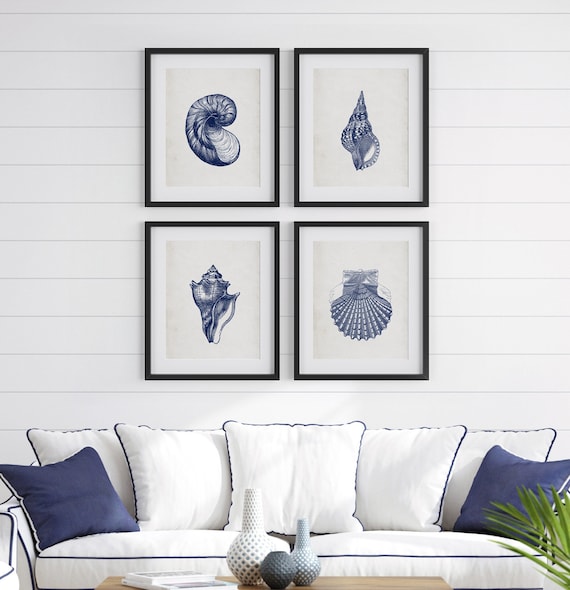 Blue Sea Shell Print Set of 4 ~ Nautical, Coastal, Beach Home Decor ~ Vintage Illustrations ~ Printable Digital Download