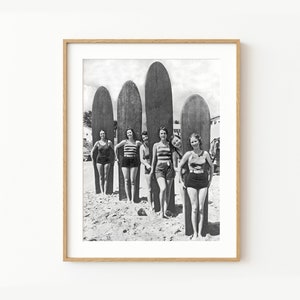Vintage Beach Surf Print ~ Black and White Photography Poster ~ Printable Wall Art ~ Retro Summer Vibes ~ Girls in Swimwear with Surfboards
