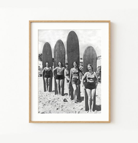 Vintage Beach Surf Print ~ Black and White Photography Poster ~ Printable Wall Art ~ Retro Summer Vibes ~ Girls in Swimwear with Surfboards