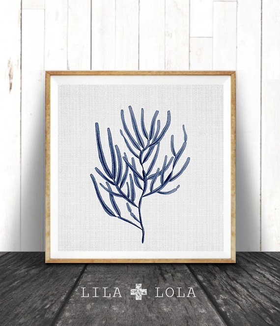 Indigo Blue Square Coral Print, Coastal Decor, Seaweed Illustration, Beach Nautical, Printable Digital Download, Sea Pulp, Ocean Plant Life