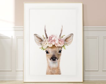 Baby Deer Wall Art Print with Floral Crown ~ Girls Bedroom Decor ~ Printable Digital Download