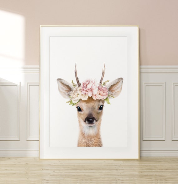 Baby Deer Wall Art Print with Floral Crown ~ Girls Bedroom Decor ~ Printable Digital Download