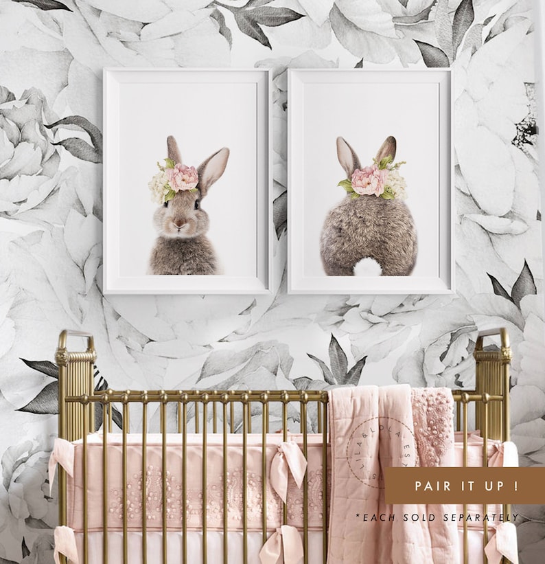 Nursery Wall Art Bunny Print Girls Bedroom Decor Rabbit with Floral Crown Printed and Shipped image 4