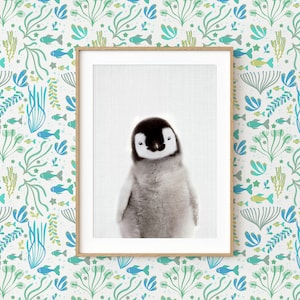 Pinguin Wand Kunst ~ Poster zum ausdrucken ~ Kinderzimmer ~ Tier Baby ~ Meer Leben ~ auf Grauem Hintergrund