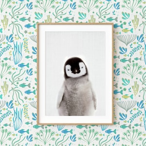 Penguin Wall Art Print ~ afdrukbare poster ~ kwekerij baby dier ~ oceaan zee leven ~ grijze achtergrond