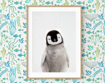 Penguin Wall Art Print ~ Printable Poster ~ Nursery Baby Animal ~ Ocean Sea Life ~ Grey Background