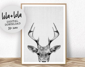 Deer Head Print: Black and White Woodland Nursery Art (Digital Download)