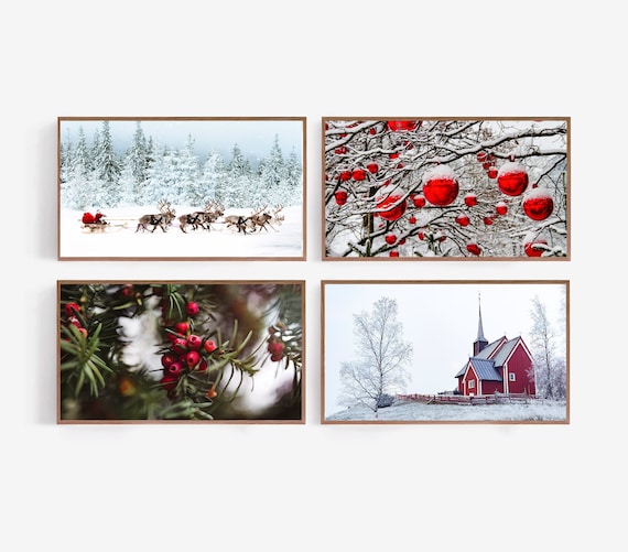 Samsung Christmas Frame TV Art Bundle Set, Modern Christmas TV Art, Santa and Reindeers, Red Church Barn, Baubles and Holly