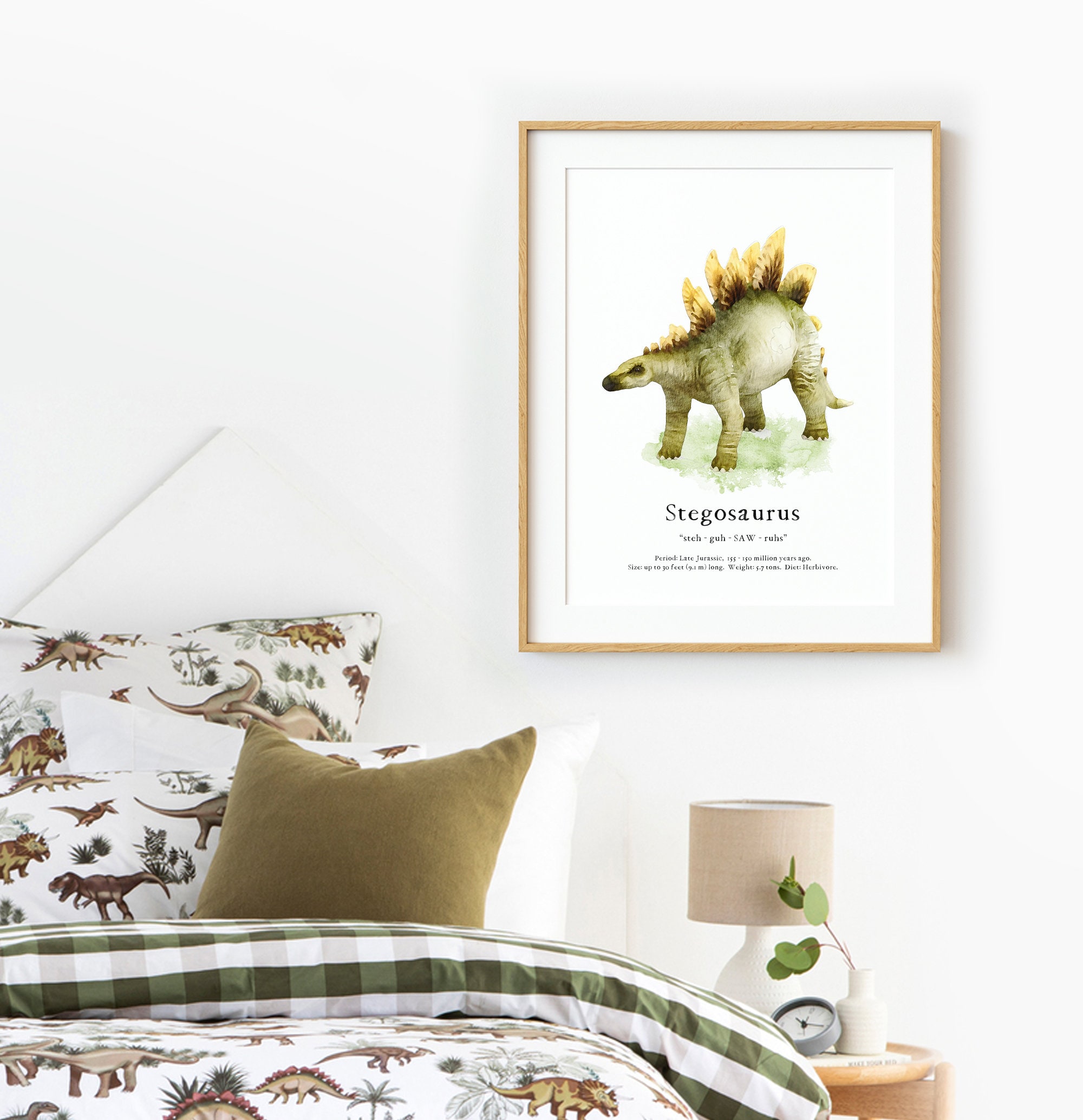 Stegosaurus Dinosaur Wall Art – Watercolor Kids Poster with Fun Facts – Printable Nursery Deco