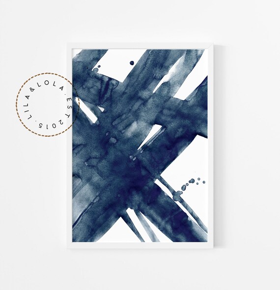 Navy Blue Abstract Print ~ Printable Wall Art ~  Watercolour Brush Stroke Painting ~ Hamptons Beach House Style Decor