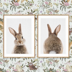 Bunny Print Set of 2 ~ Nursery Wall Art ~ Kids Baby Animal Posters ~ Printable Instant Digital Downloadable ~ Grey Background