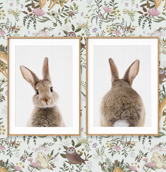 Bunny Print Set of 2 ~ Nursery Wall Art ~ Woodland Baby Animal Posters ~ Printable Instant Downloadable ~ Grey Background