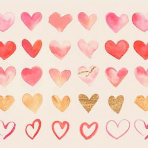May include: A collection of 30 watercolor hearts in various shades of pink, red, and gold. The hearts are painted in a loose, free-flowing style, giving them a romantic and whimsical feel.