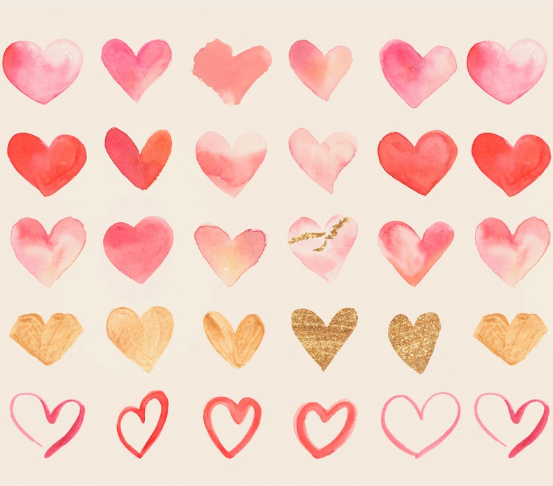May include: A collection of 30 watercolor hearts in various shades of pink, red, and gold. The hearts are painted in a loose, free-flowing style, giving them a romantic and whimsical feel.