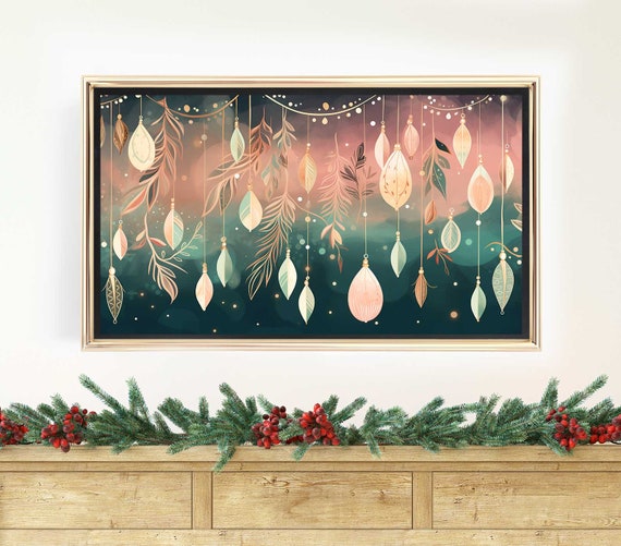 Samsung frame tv art Christmas, frame TV art, modern colorful boho, festive holiday decor, pink gold teal decorations