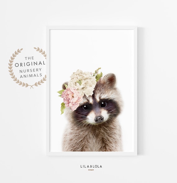 Baby Raccoon Print with Flowers ~ Girls Nursery Wall art ~ Woodland Animal Bedroom Decor ~ Printable Poster ~ Digital Download