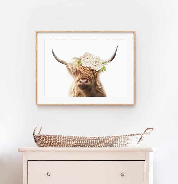 Highland Cow Wall Art ~ Floral Crown ~  Boho Nursery Print ~ Girls Bedroom Decor ~ Printable Digital Download