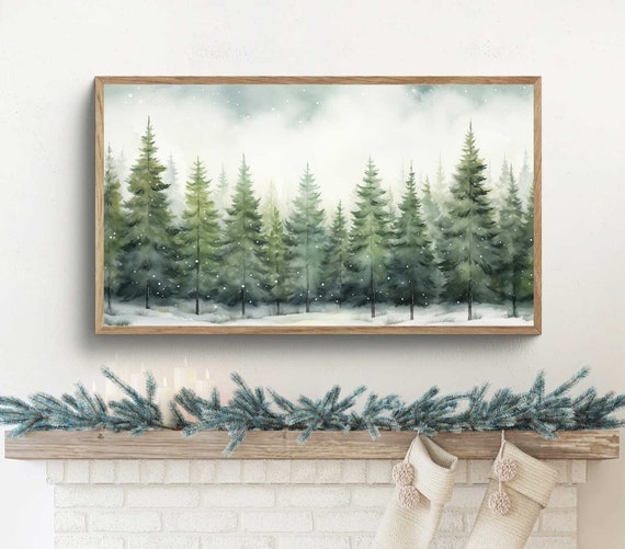 Christmas Frame TV Art Samsung ~ Pine Tree Watercolour Painting ~ Snowy Winter Landscape ~ Instant Digital Download