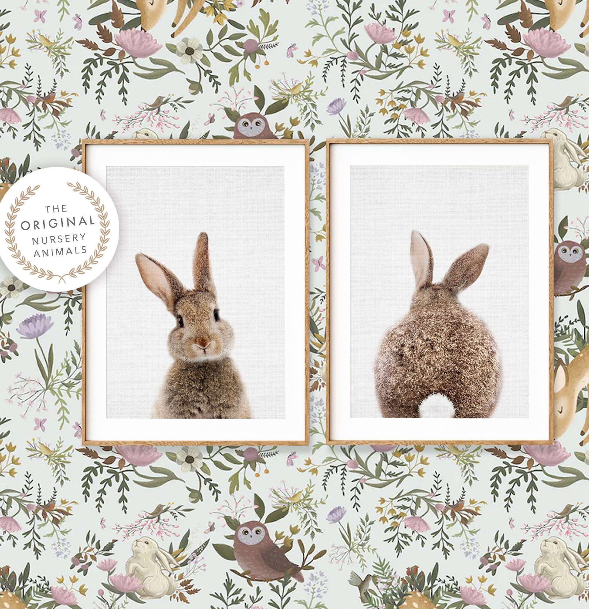 Rabbit Family Nursery Art Print with Bluebird and Baby Rabbit
