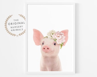 Pig with Flowers Print: Farmhouse Nursery Wall Art (Digital Download)