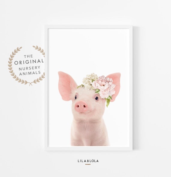 Pig with Flowers Print ~ Farm Animal Wall Art ~ Farmhouse Girls Nursery or Bedroom Decor ~ Printable Instant Digital Downloadable