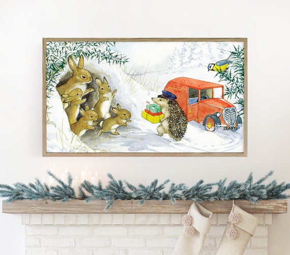 Samsung Frame TV Art Christmas ~ Vintage Painting of Cute Bunnies with Present Delivery