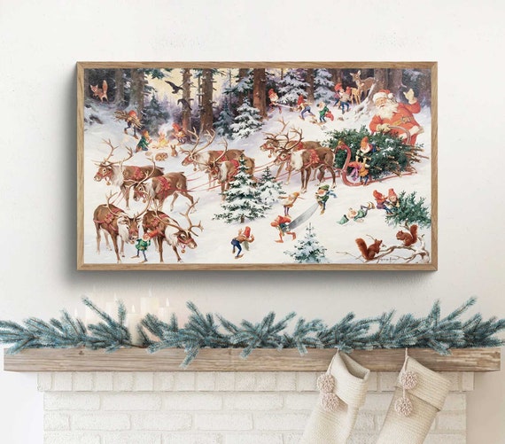 Samsung Christmas frame TV art, Santa art for Frame TV, Elves Sleigh and Reindeer, Kids Christmas Frame TV art, Retro Vintage