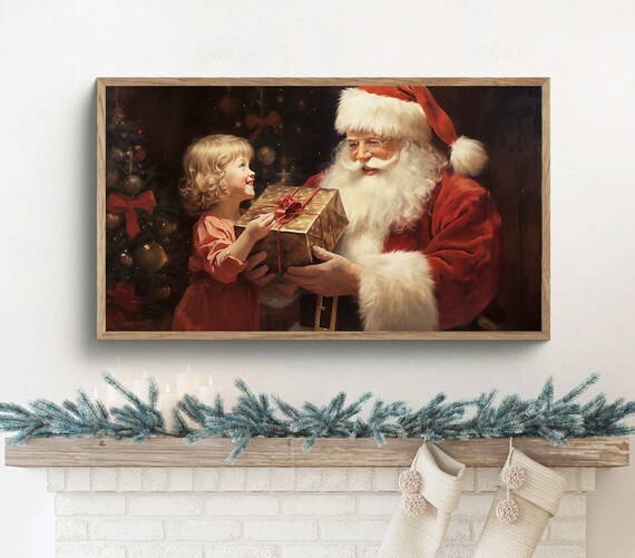 Samsung frame tv art Christmas, frame tv art Santa, Christmas art for the frame tv, vintage Santa painting, traditional christmas