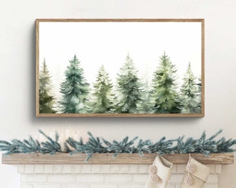 Christmas Tree Watercolor Painting, Winter Forest Samsung Frame TV Art (Digital Download)