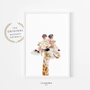 Baby Giraffe Wand kunstdruck mit Blumenkrone ~ Mädchen Kinderzimmer Dekor ~ Rosa Aquarell Blumen ~ Versand Poster