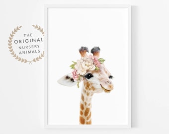 Baby Giraffe Wall Art Print with Flower Crown ~ Girl Nursery Room Decor ~ Pink Watercolour Flowers ~ Shipped Poster