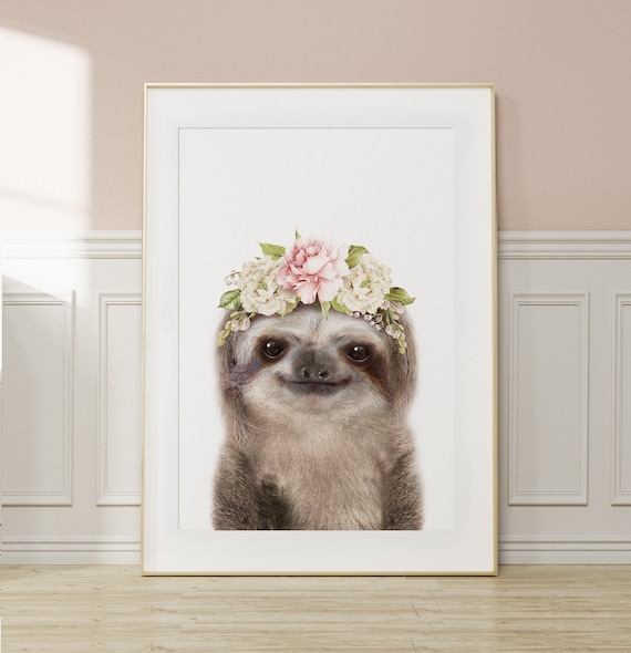 Baby Sloth Wall Art Print ~ Floral Crown ~  Girls Bedroom Decor ~ Printable Digital Download