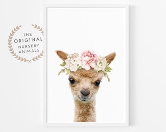 Baby Llama with Flower Headband, Wall Art Print - Girls Nursery Room Decor - Printable Farm Animal, Digital Download
