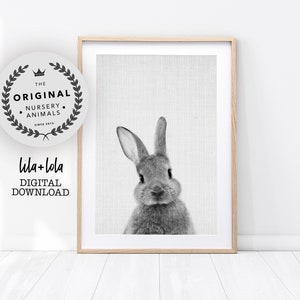 Impresión de conejito para guardería, decoración de pared de guardería con temática de bosque, póster, descarga digital instantánea imprimible, animal de bosque bebé en blanco y negro