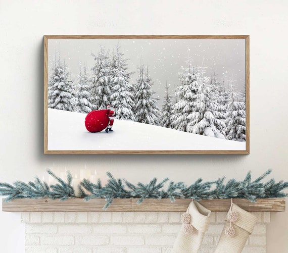 Samsung frame tv art Christmas, frame tv art Santa, frame TV art winter, frame TV art snowy pine forest