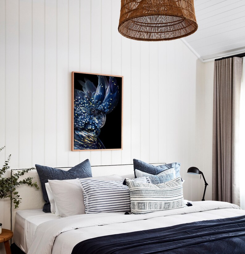 Puede incluir: Una impresi&oacute;n enmarcada de un cacat&uacute;a negro con plumas azules y blancas sobre un fondo negro. La impresi&oacute;n est&aacute; colgada en una pared blanca sobre una cama con ropa de cama azul y blanca.
