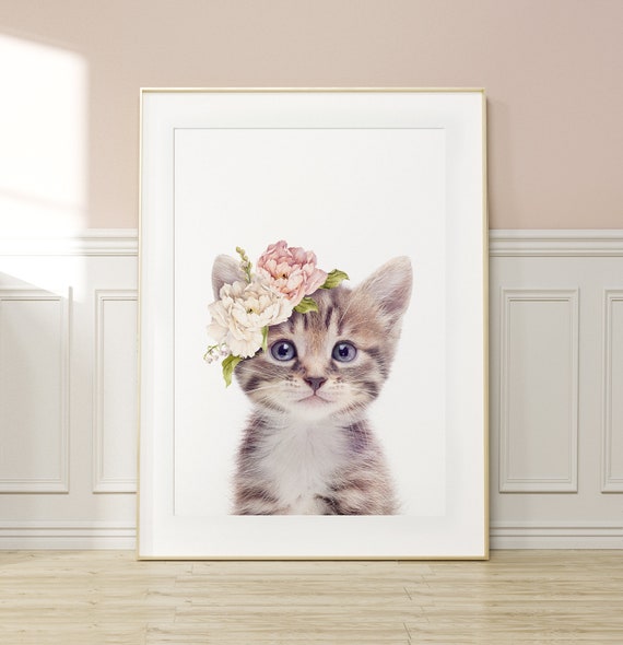 Kitten Wall Art ~ Baby Cat Print ~ Girls Bedroom Decor ~ Baby Animal with Floral Crown ~ Printable Digital Download