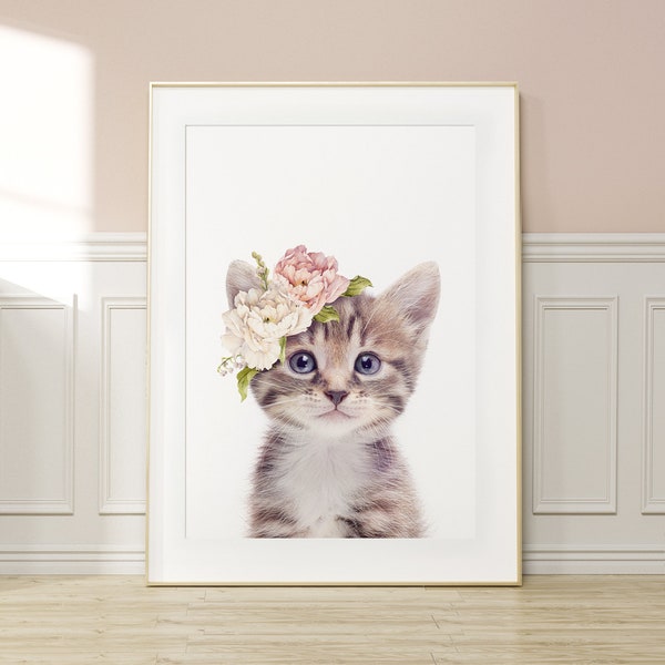 Kätzchen Wand Kunst ~ Baby Katze Druck ~ Mädchen Schlafzimmer Dekor ~ Baby Tier mit Blumenkrone ~ Druckbare digitaler Download