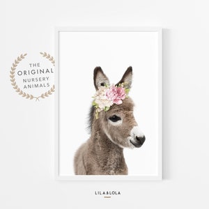 Impressão de arte de parede de burro de bebê, decoração de berçário, animal de fazenda com flores, pôster de quarto de meninas, rosas cor de rosa