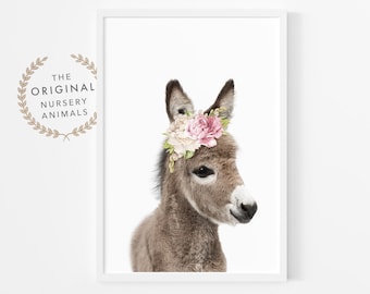 Baby Donkey Wall Art Print, Nursery Decor, Farm Animal with Flowers, Girls Bedroom Poster, Pink Roses