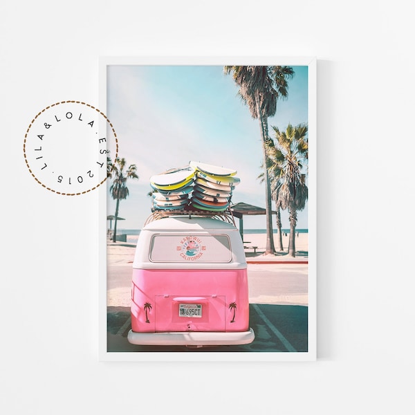 Beach Wall Art Print ~ Retro Combi Van and Palm Trees Photo ~ Printable Digital Download