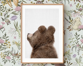 Baby Bear Wall Art Print, Back View ~ Woodland Animal Nursery Decor ~ Printed and Shipped ~ Grey Background