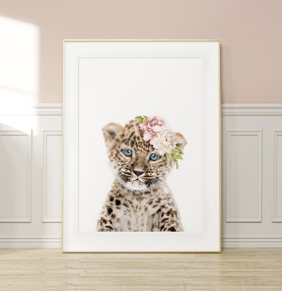 Baby Leopard Wall Art Print with Floral Crown ~ Girls Bedroom Decor ~ Printable Digital Download