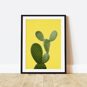 Kaktus Wand Kunst Print, Feigenkaktus auf gelbem Hintergrund, Boho Wüste Dekor, printable digitaler Download