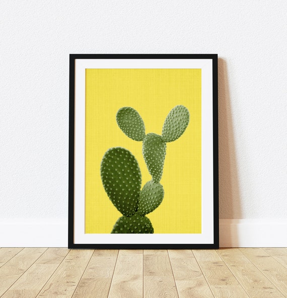 Cactus Wall Art Print, Prickly Pear on Yellow Background, Boho Desert Decor, Printable Digital Download