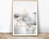 Geometric Cloud Print, Black and White, Printable Poster, Large Abstract Prints, Gold Triangle, Digital Download, Minimalist Wall Art Decor